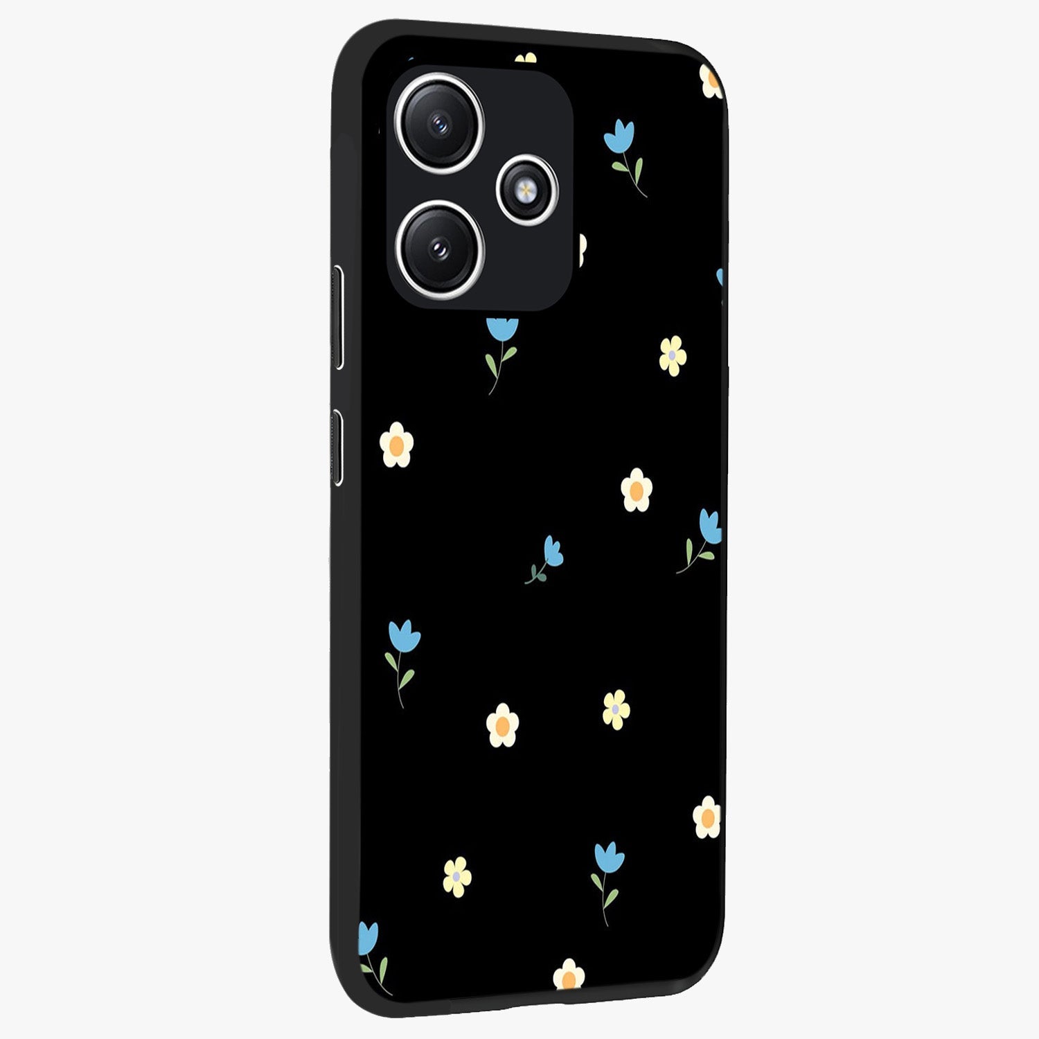 Minimal Petal Whispers Glass Case upright view showcasing elegant floral artwork with modern minimalist style.
