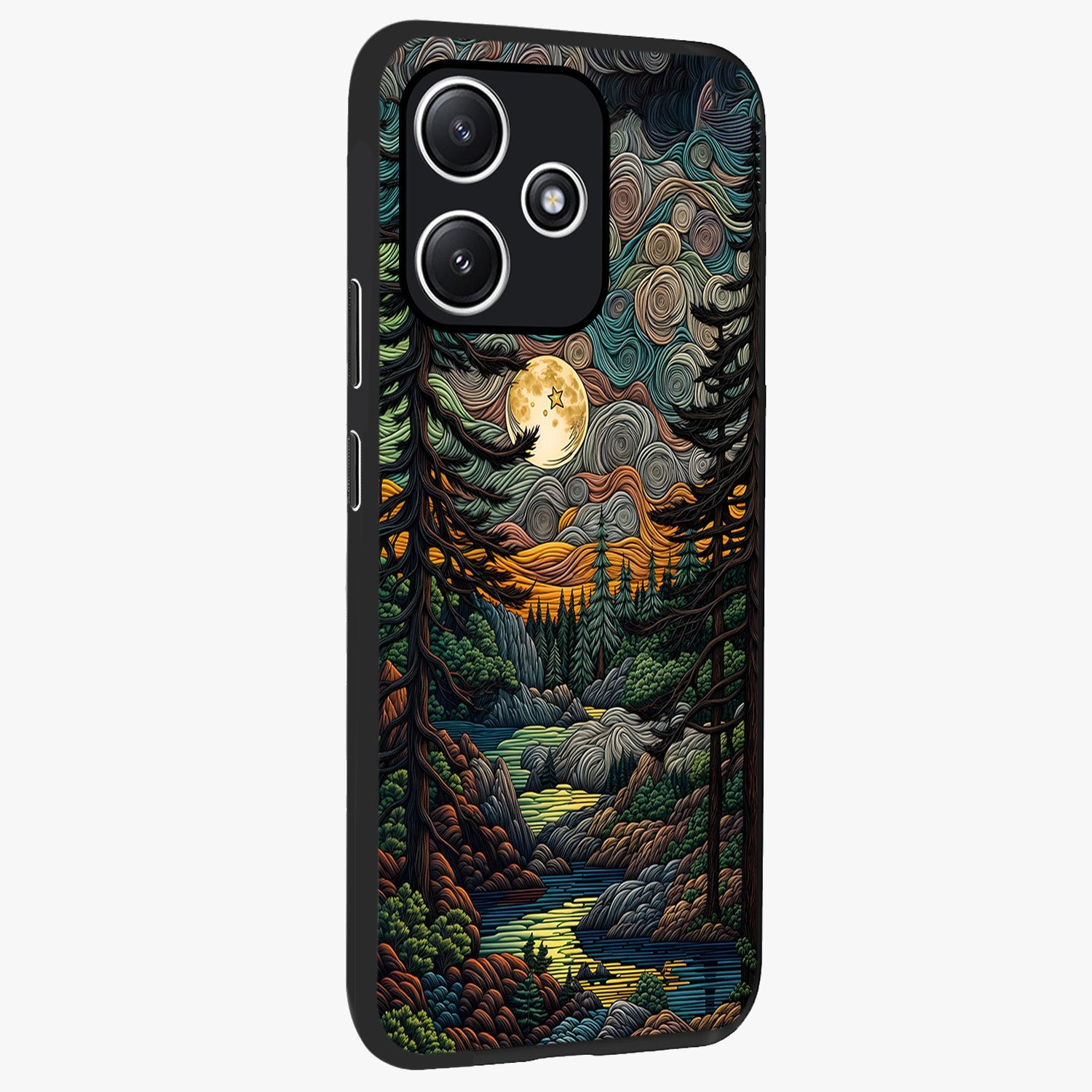 Moonlight Forest Dream Glass Case upright view showcasing magical forest artwork with calm night theme.