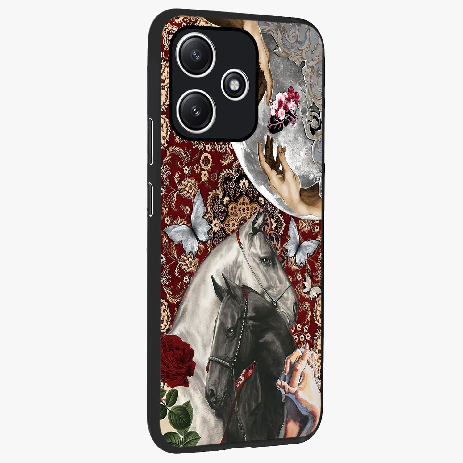 Moonlit Royal Stallion Glass Case upright view showcasing dramatic horse artwork with glowing moon themed design.