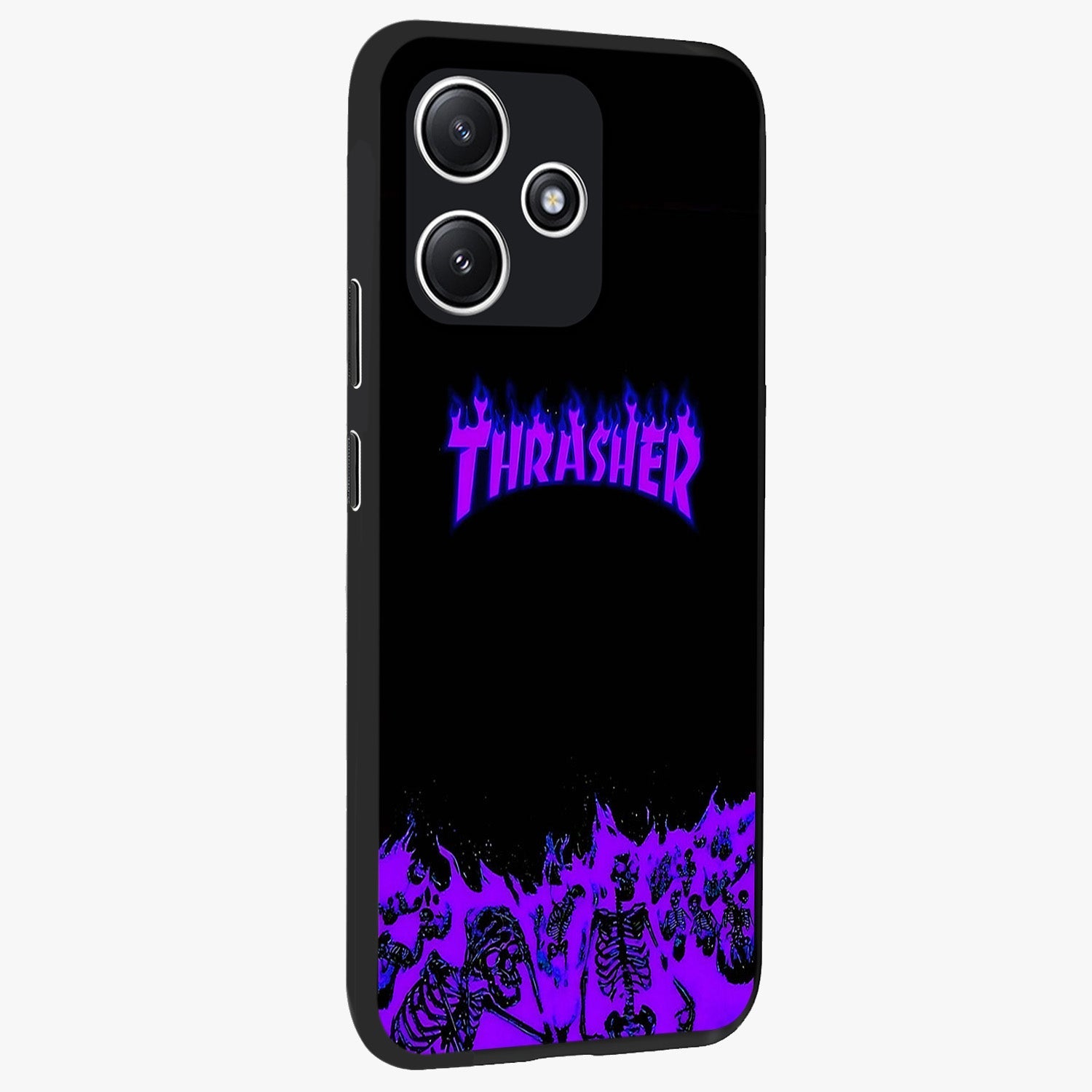 Neon Flame Riot Glass Case upright view showcasing dynamic flame artwork with energetic neon theme.