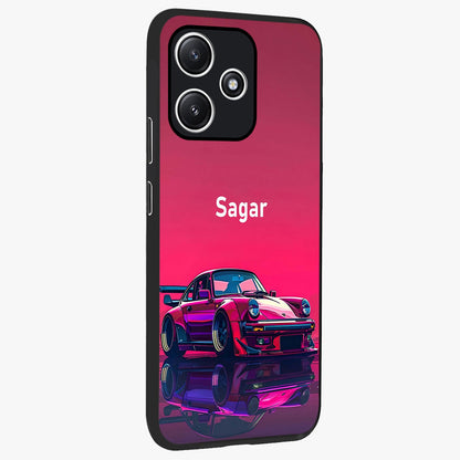 Neon Pink Porsche Glass Case upright view showcasing vibrant sports car artwork with bold automotive theme.