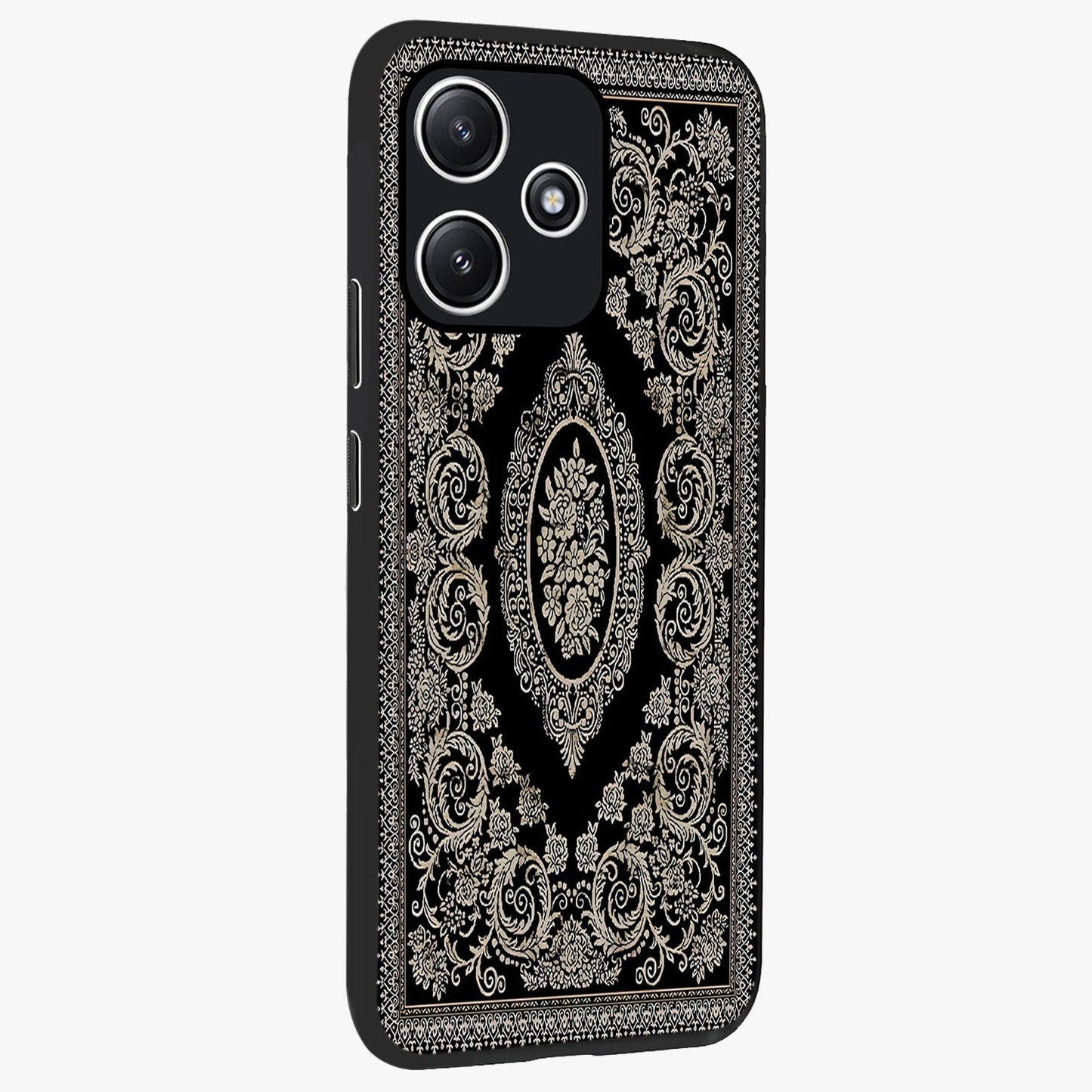 Noir Bloom Elegance Glass Case upright view showcasing graceful floral artwork with luxurious dark theme.
