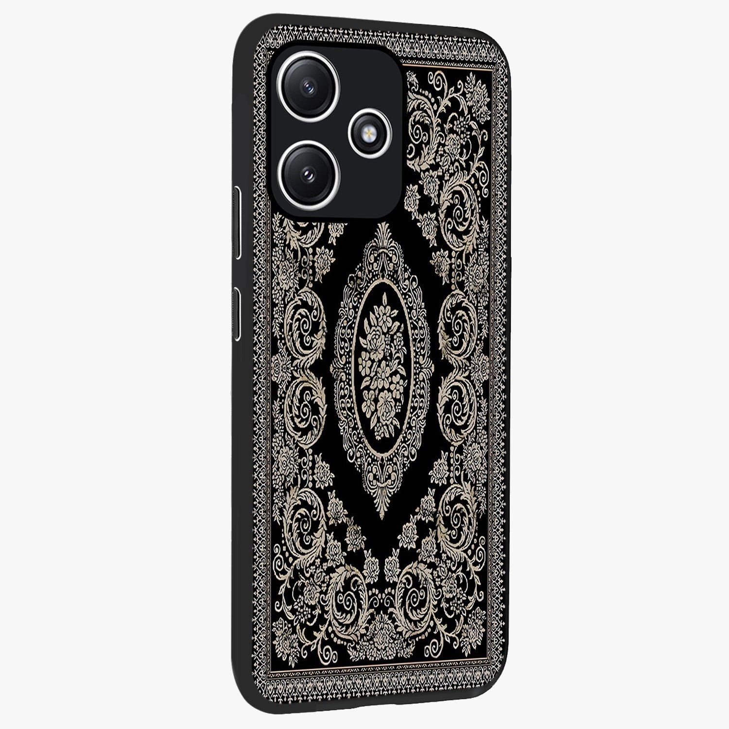 Noir Bloom Elegance Glass Case upright view showcasing graceful floral artwork with luxurious dark theme.