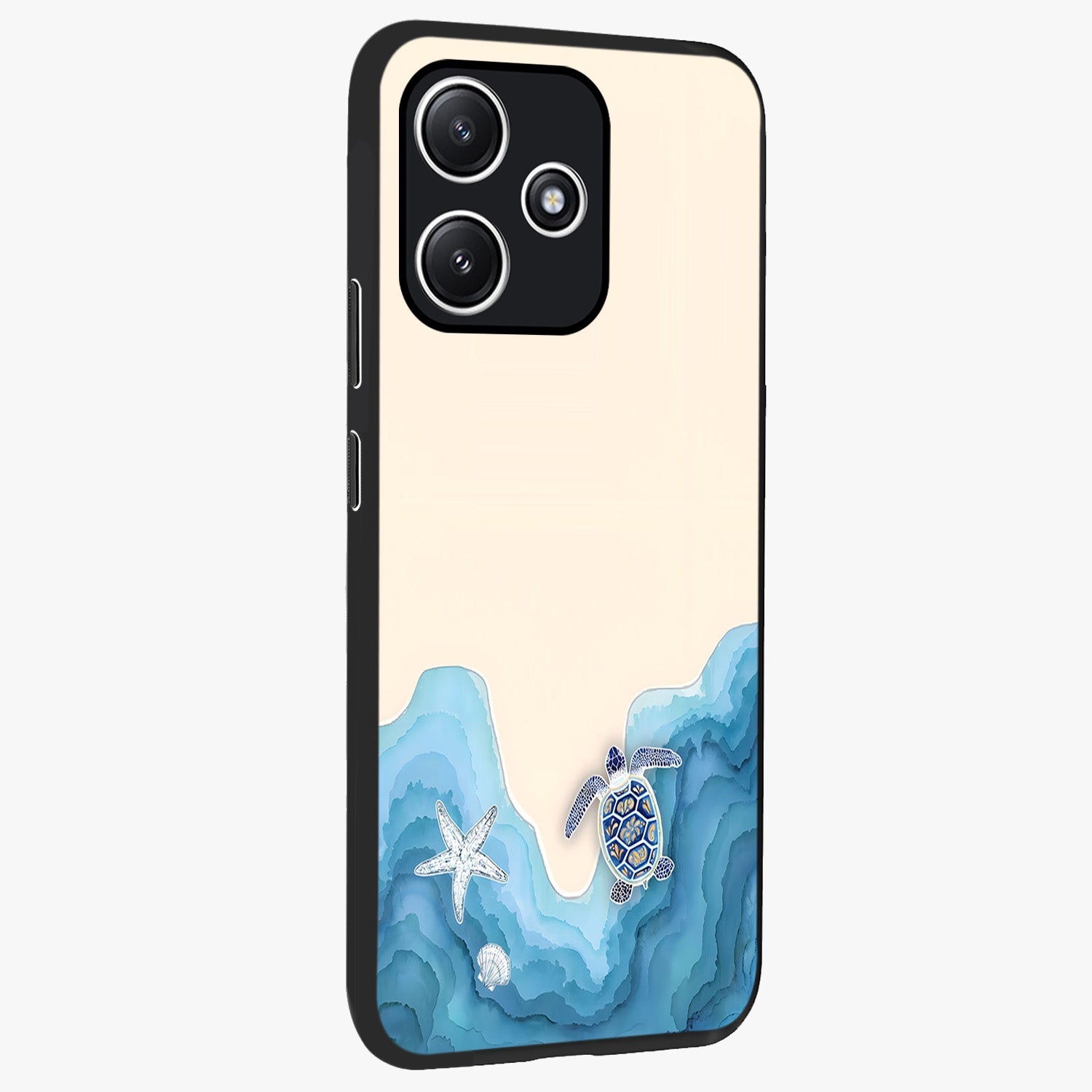 Ocean Drift Turtle Glass Case upright view showcasing calm underwater turtle artwork with nature inspired theme.