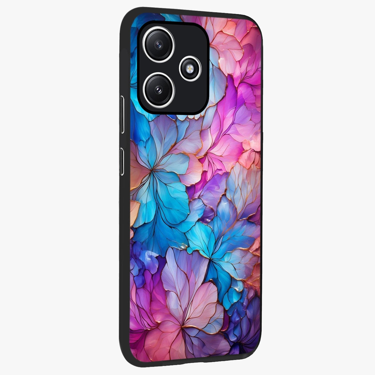 Radiant Floral Whirl Glass Case upright view showcasing lively floral artwork with decorative swirl theme.