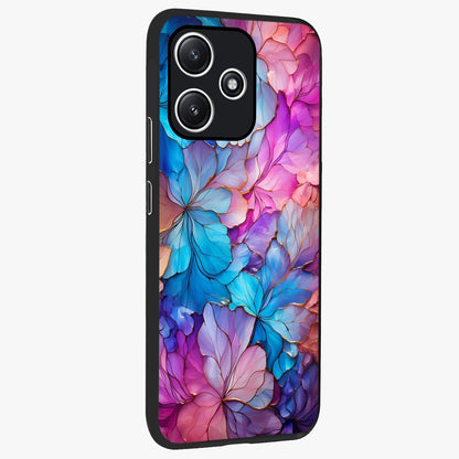 Radiant Floral Whirl Glass Case upright view showcasing lively floral artwork with decorative swirl theme.