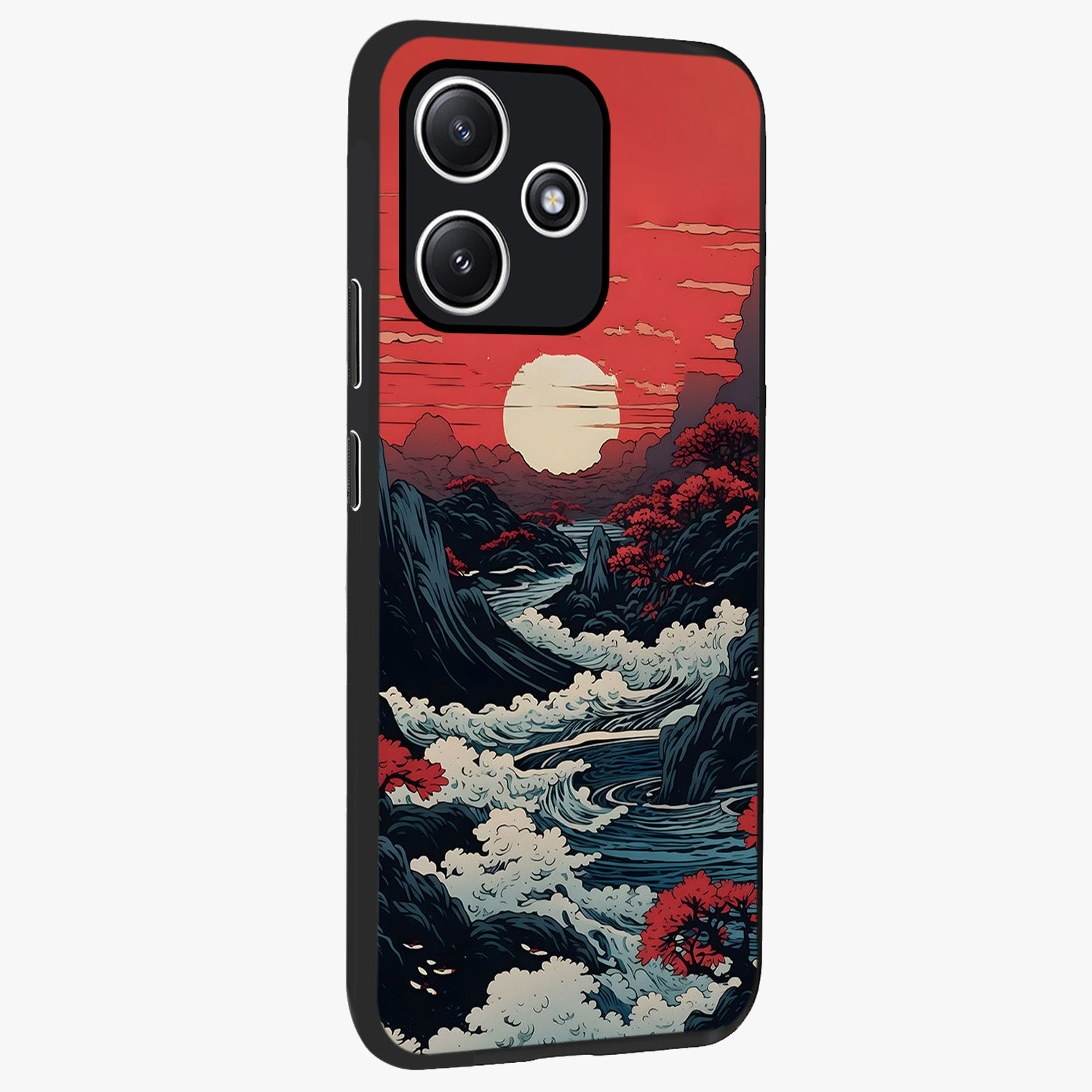 Red Sunset Scenery Glass Case upright view showcasing dramatic sunset scenery artwork with warm nature theme.