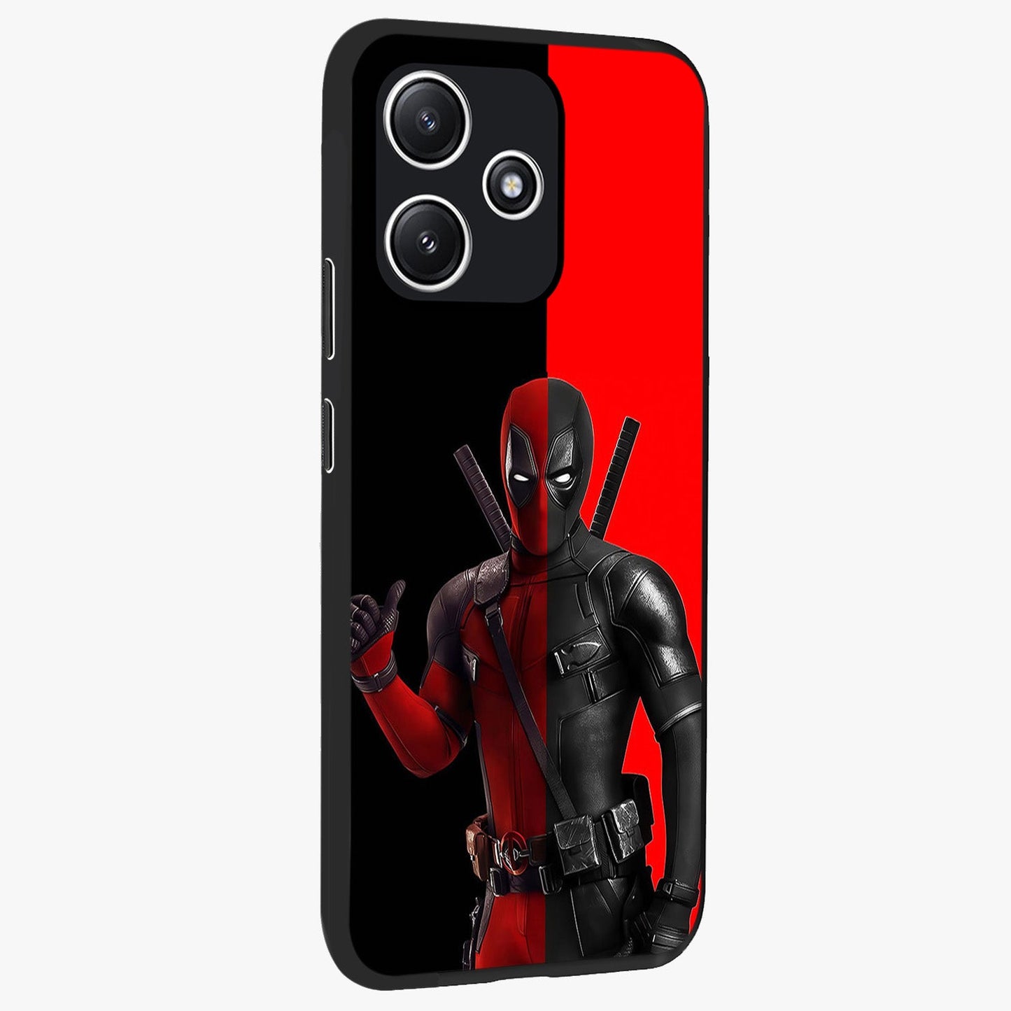 Red & Black Deadpool Theme Glass Case upright view showcasing energetic comic themed artwork with striking red and black design.
