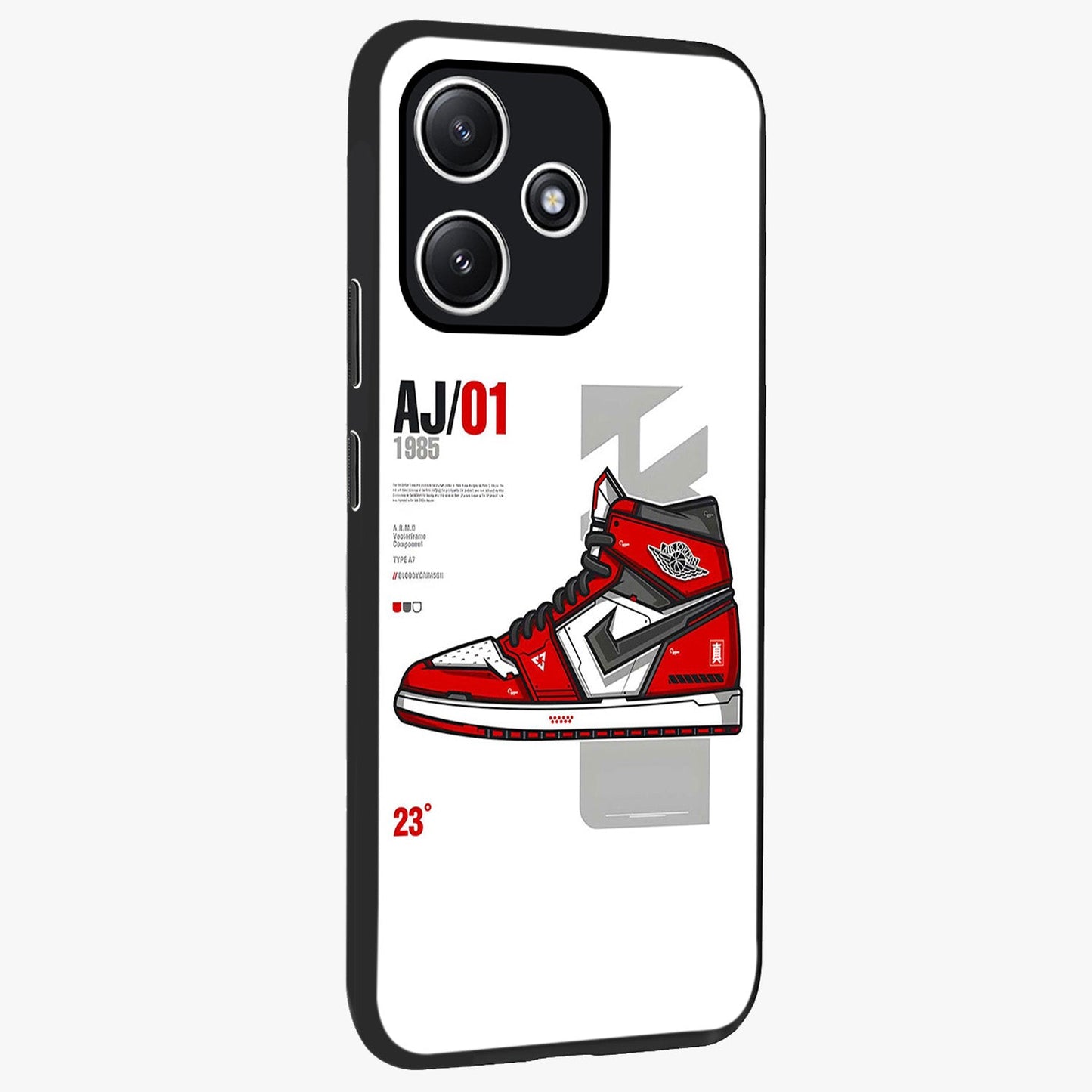 Retro Sneaker Blueprint Glass Case upright view showcasing stylish sneaker illustration with vintage streetwear theme.