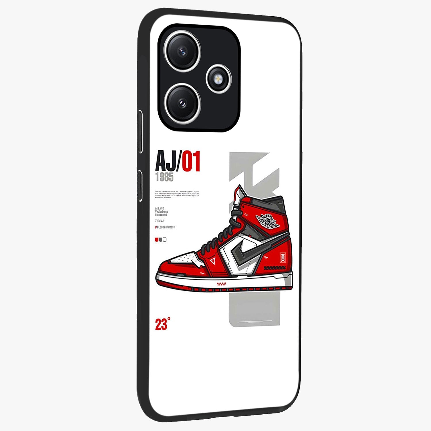Retro Sneaker Blueprint Glass Case upright view showcasing stylish sneaker illustration with vintage streetwear theme.