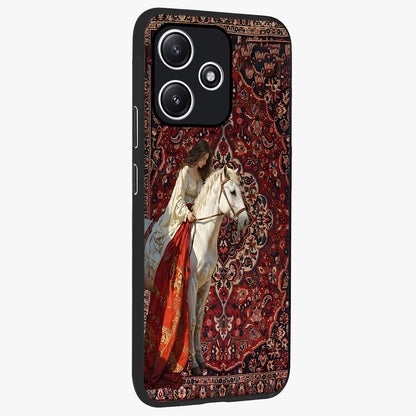Royal Rider Tapestry Glass Case upright view showcasing detailed rider artwork with classic tapestry theme.