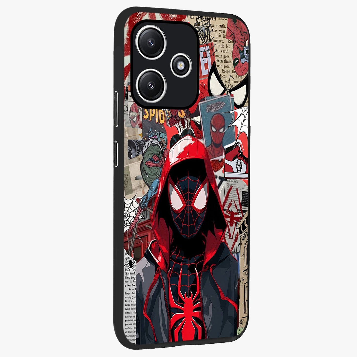 Spider Collage Street Glass Case upright view showcasing bold superhero artwork with urban street theme.
