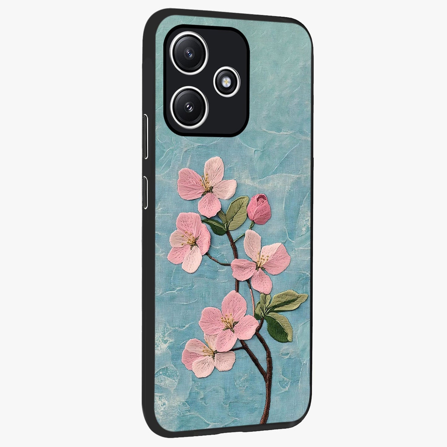 Threaded Blossom Breeze Glass Case upright view showcasing graceful flower artwork with calm botanical theme.