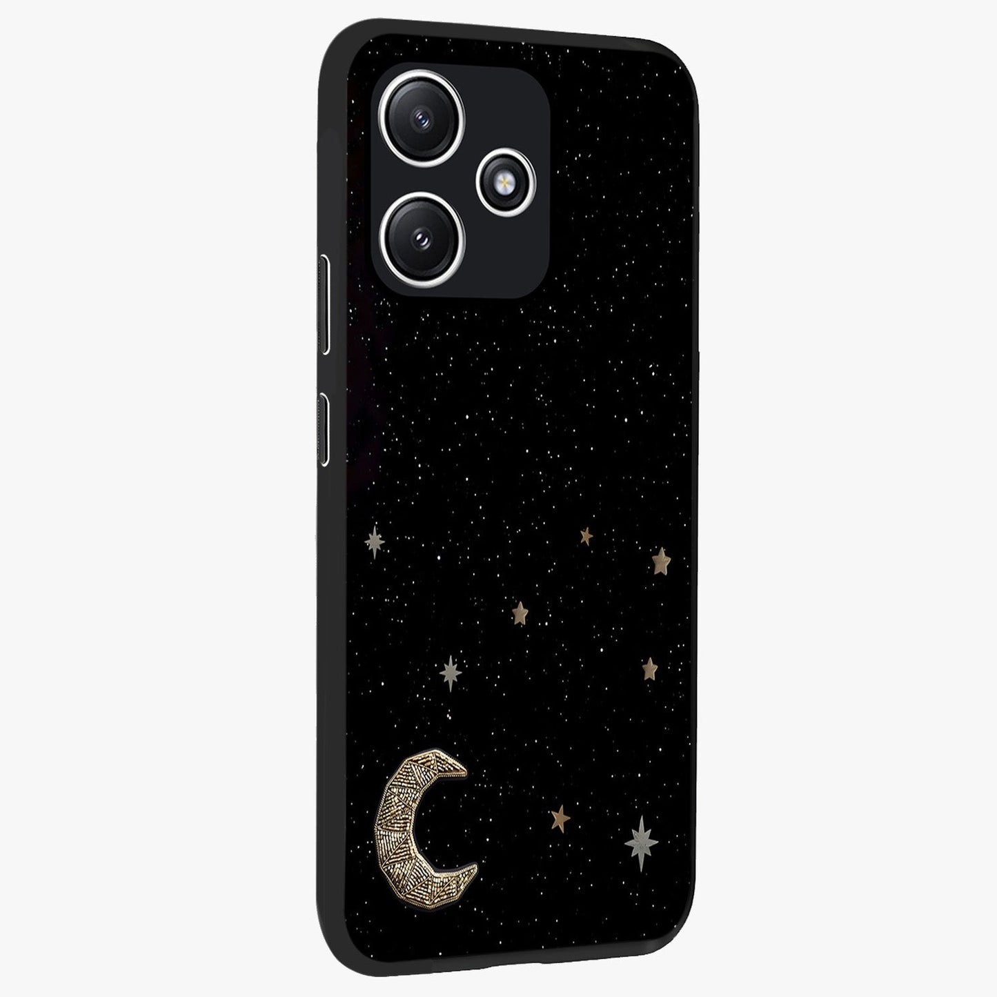 Twinkle Star With Half Moon Glass Case upright view showcasing glowing cosmic artwork with dreamy night theme.