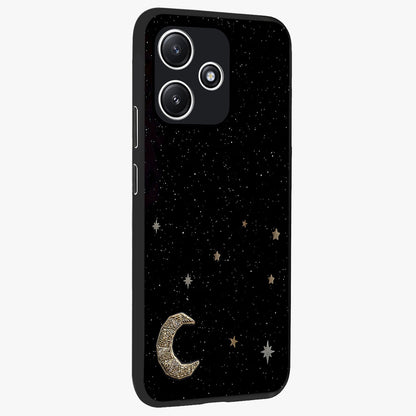 Twinkle Star With Half Moon Glass Case upright view showcasing glowing cosmic artwork with dreamy night theme.