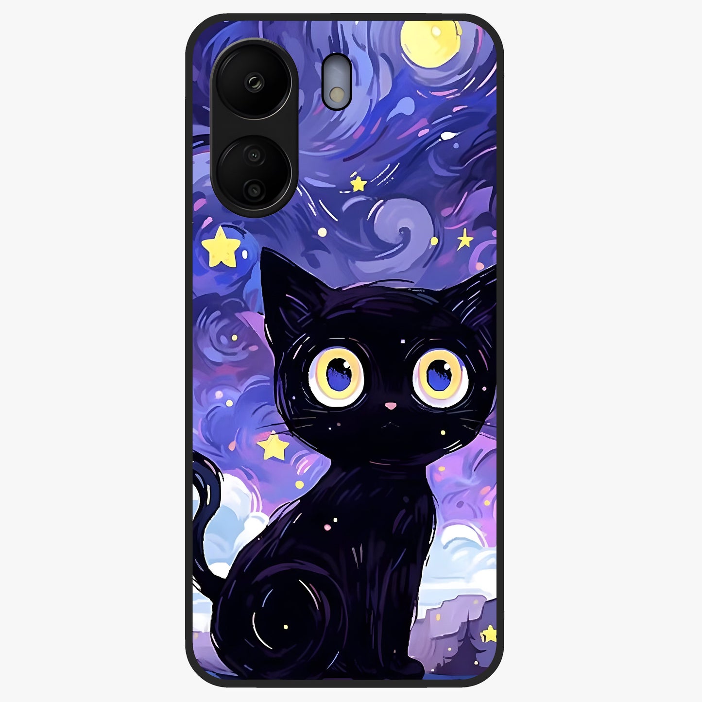 Abstract Cat Art Glass Case showing flat back view with artistic cat illustration and glossy glass finish.