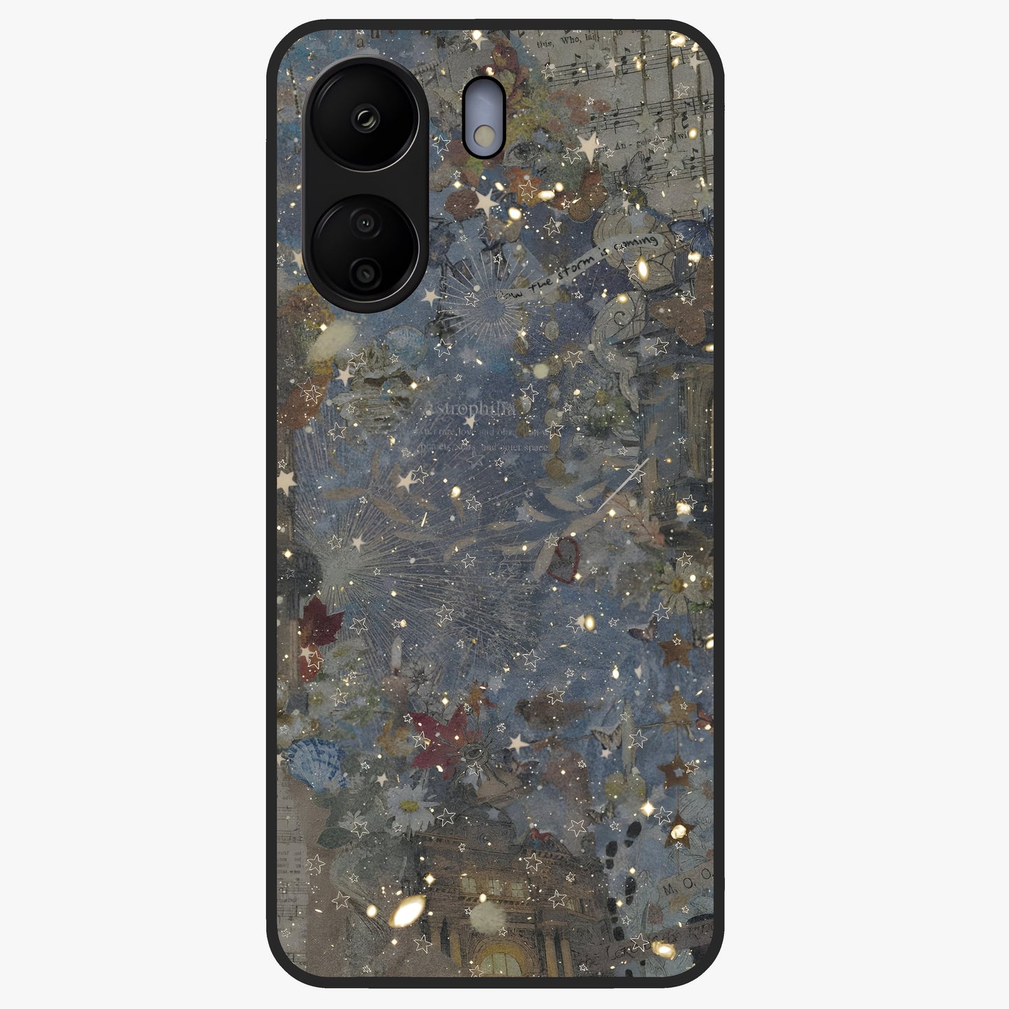 Aesthetic Astrolophia Glass Case showing flat back view with dreamy aesthetic design and glossy glass finish.