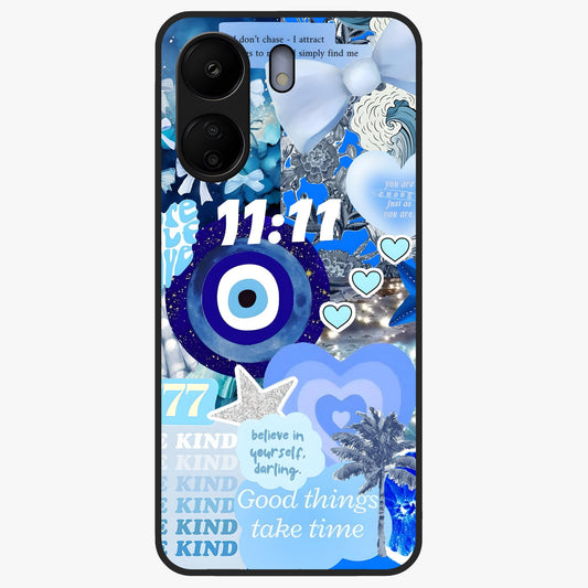 Aesthetic Be Kind Eye Glass Case showing flat back view with motivational eye artwork and glossy glass finish.