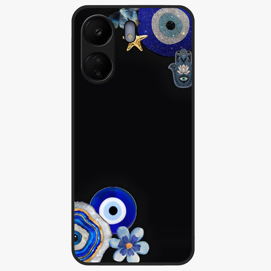 Aesthetic Blue Evil Eye Glass Case showing flat back view with protective evil eye artwork and glossy glass finish.