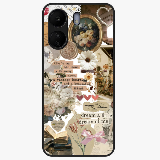 Aesthetic Brown Vintage Collage Glass Case showing flat back view with retro collage artwork and glossy glass finish.