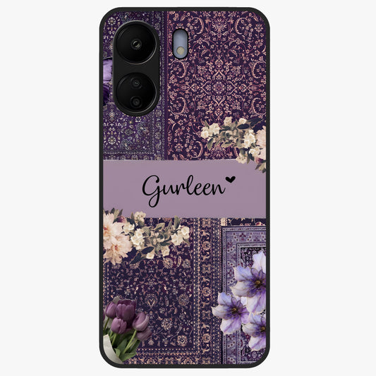 Antique Floral Whisper Custom Name Glass Case showing flat back view with vintage floral artwork and personalized name design.