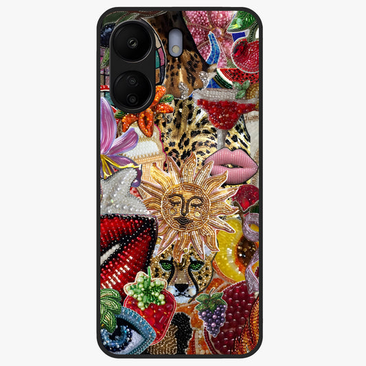Beaded Fashion Jungle Glass Case showing flat back view with vibrant jungle inspired bead artwork and glossy glass finish.