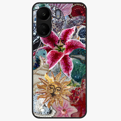 Beaded Garden Fantasy Glass Case showing flat back view with dreamy garden bead artwork and glossy glass finish.