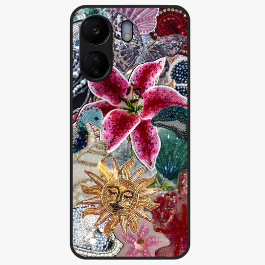 Beaded Garden Fantasy Glass Case showing flat back view with dreamy garden bead artwork and glossy glass finish.