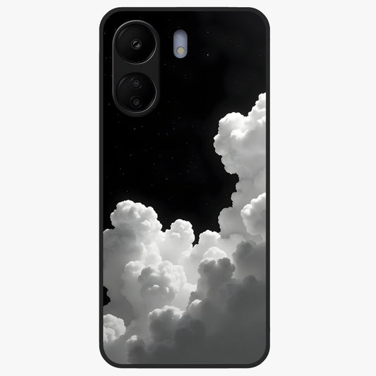 Black Background With White Cloud Glass Case showing flat back view with minimal cloud artwork on dark background and glossy glass finish.
