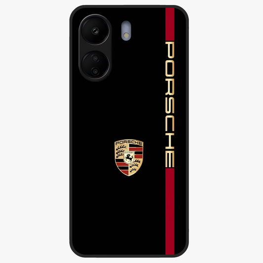 Black Minimal Porsche Glass Case showing flat back view with sleek minimal sports car artwork and glossy glass finish.