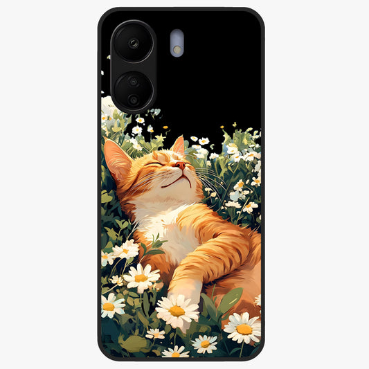 Blissful Bloom Cat Glass Case showing flat back view with cute cat and floral bloom artwork and glossy glass finish.