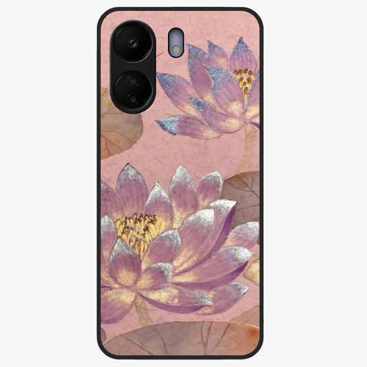 Blossom Mist Lotus Glass Case showing flat back view with serene lotus blossom artwork and glossy glass finish.
