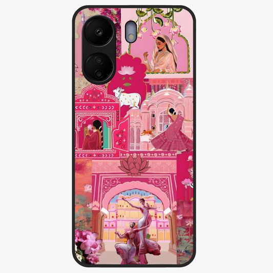 Blossoms of Rajasthan Glass Case showing flat back view with traditional floral artwork inspired by Rajasthan and glossy glass finish.