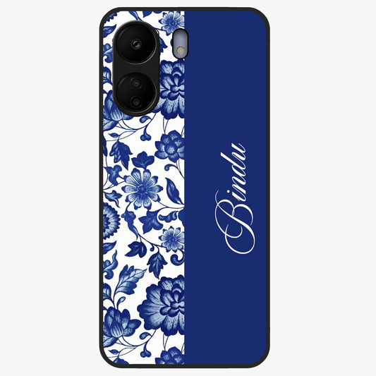 Blue Vintage Floral Pattern Glass Case upright view showcasing timeless floral illustration with vintage inspired style.