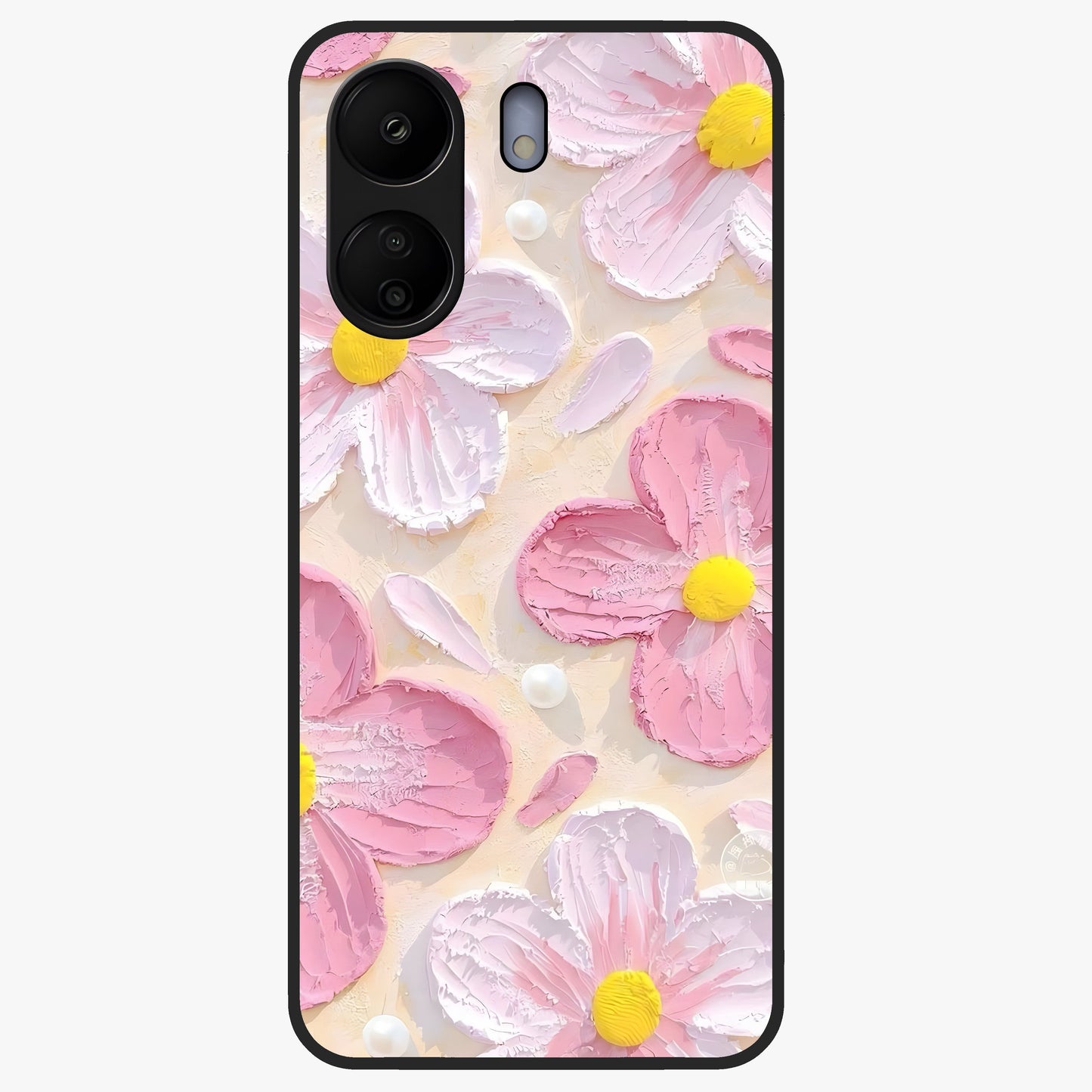 Blush Bloom Texture Glass Case showing flat back view with soft blush floral texture artwork and glossy glass finish.
