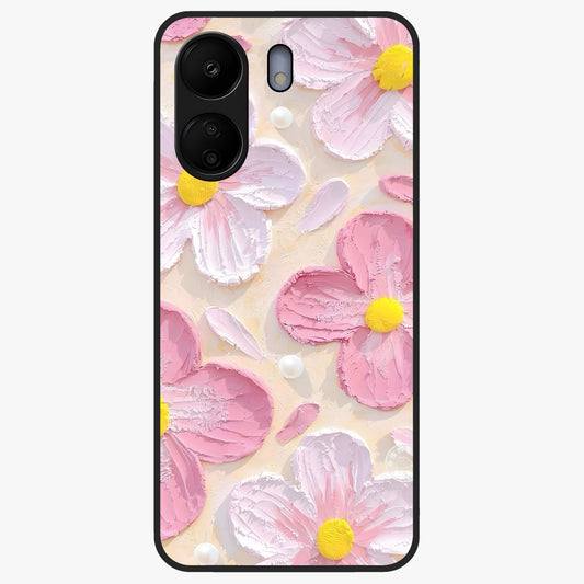 Blush Bloom Texture Glass Case showing flat back view with soft blush floral texture artwork and glossy glass finish.