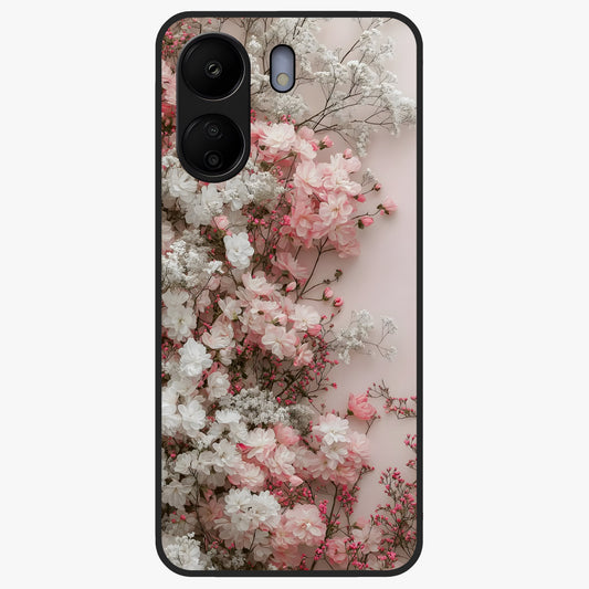 Blush Blossom Cloud Glass Case showing flat back view with dreamy blush cloud blossom artwork and glossy glass finish.