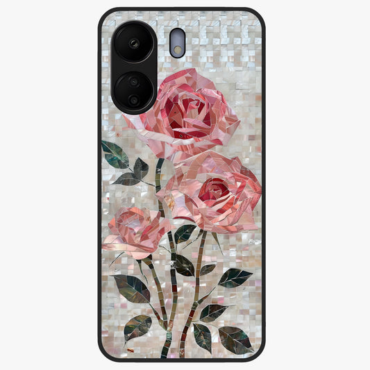Blush Mosaic Bloom Glass Case showing flat back view with mosaic floral bloom artwork and glossy glass finish.