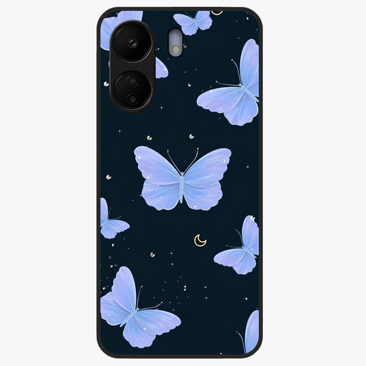 Butterfly With Stars Pattern Glass Case showing flat back view with butterfly and star pattern artwork and glossy glass finish.