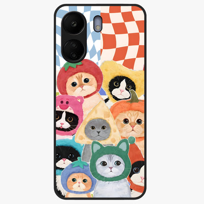 Cats in Fruits Glass Case showing flat back view with playful cat illustrations inside fruit artwork and glossy glass finish.