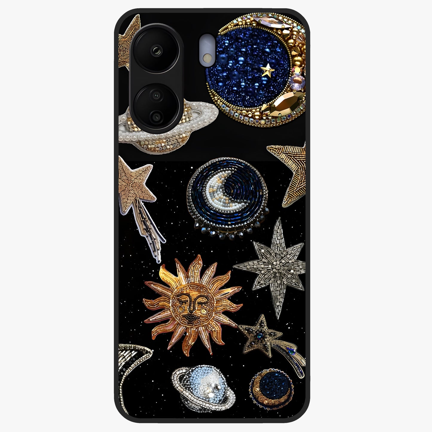 Celestial Gem Constellations Glass Case showing flat back view with sparkling constellation artwork and glossy glass finish.