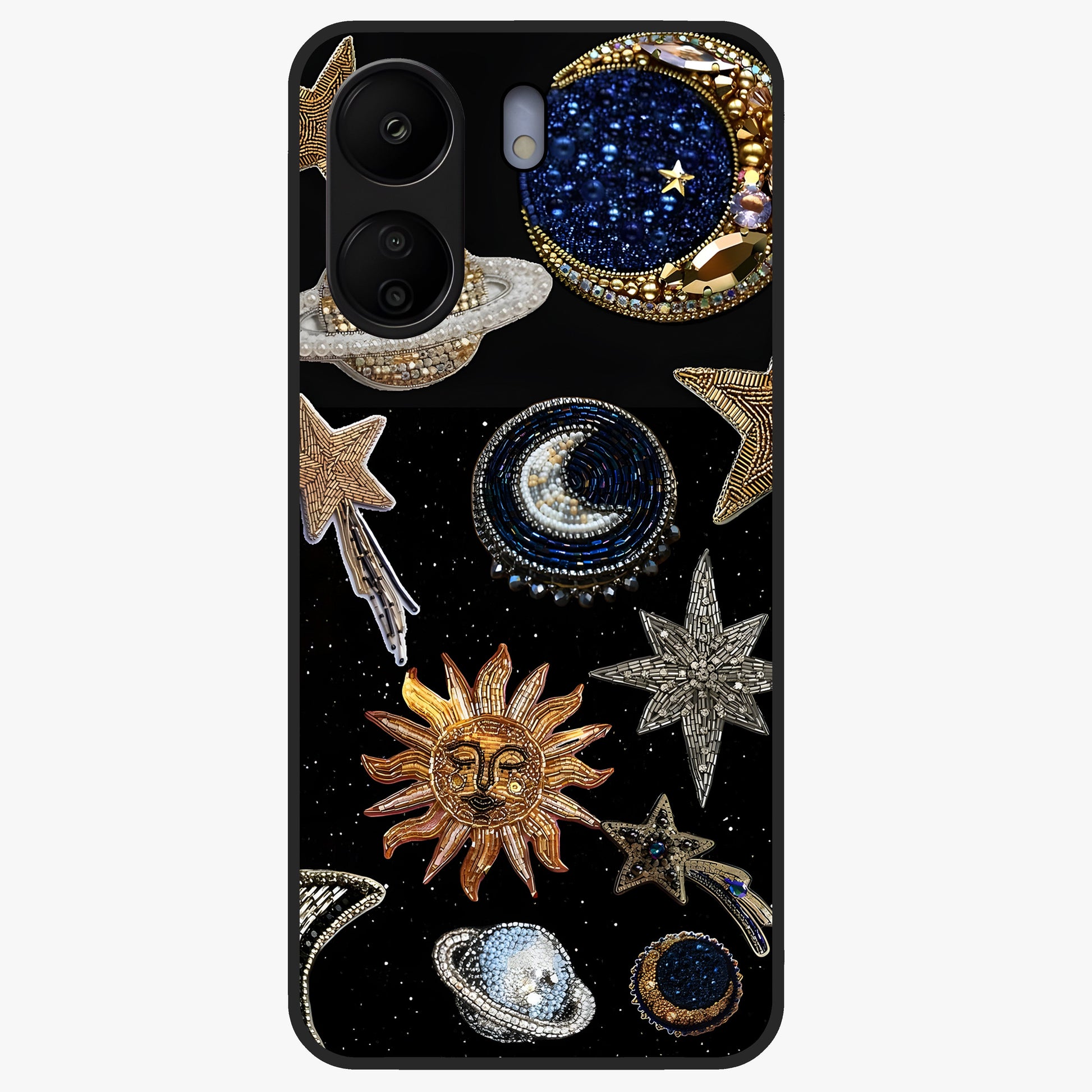Celestial Gem Constellations Glass Case showing flat back view with sparkling constellation artwork and glossy glass finish.