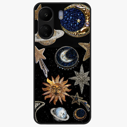 Celestial Gem Constellations Glass Case showing flat back view with sparkling constellation artwork and glossy glass finish.