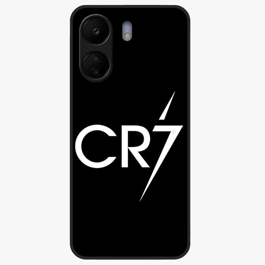 Cr7 Elite Strike Glass Case showing flat back view with dynamic football inspired artwork and glossy glass finish.