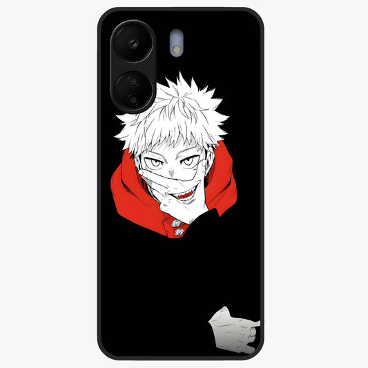 Crimson Chaos Smile Glass Case showing flat back view with bold chaotic smile artwork and glossy glass finish.