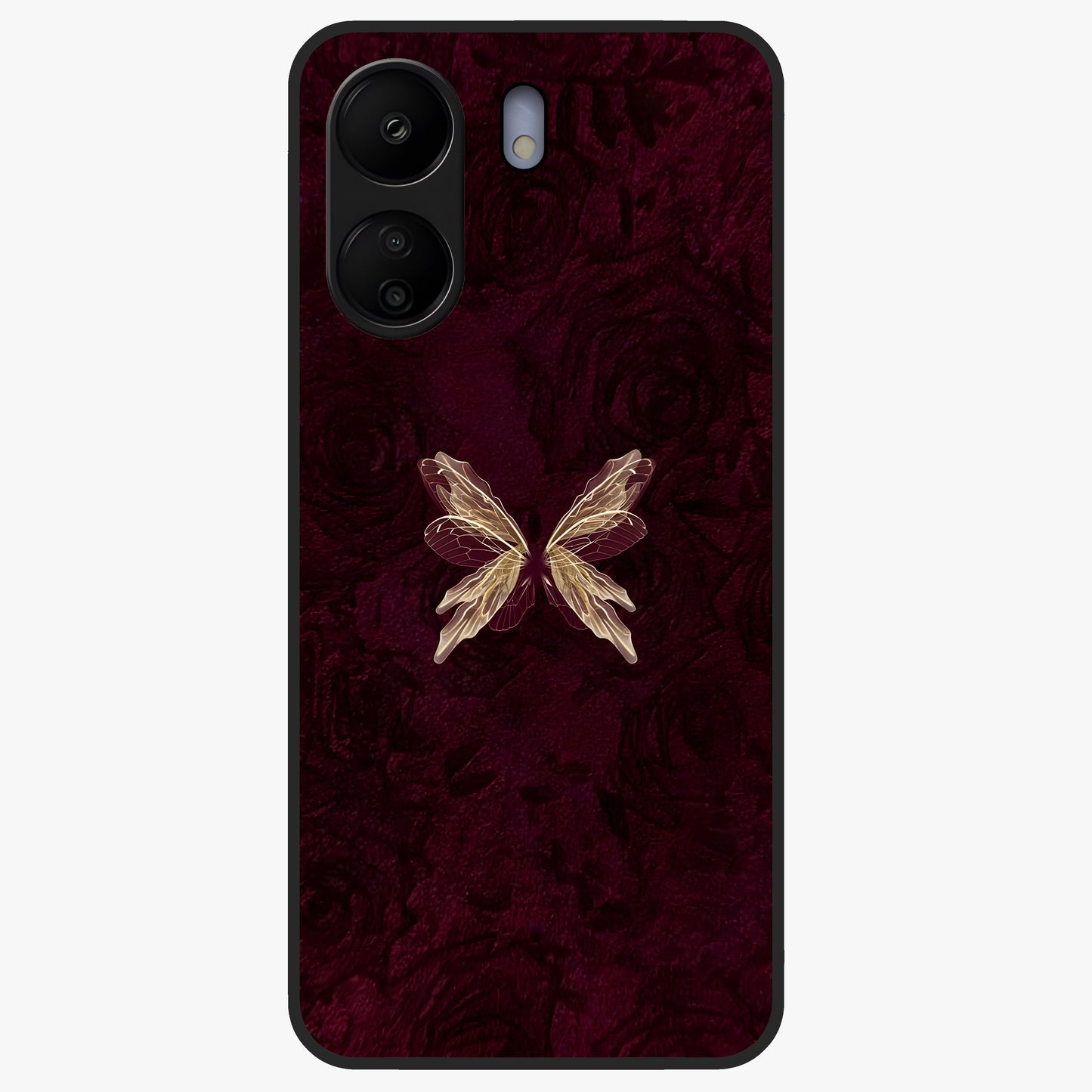 Crimson Fade Butterfly Glass Case showing flat back view with fading butterfly artwork and glossy glass finish.