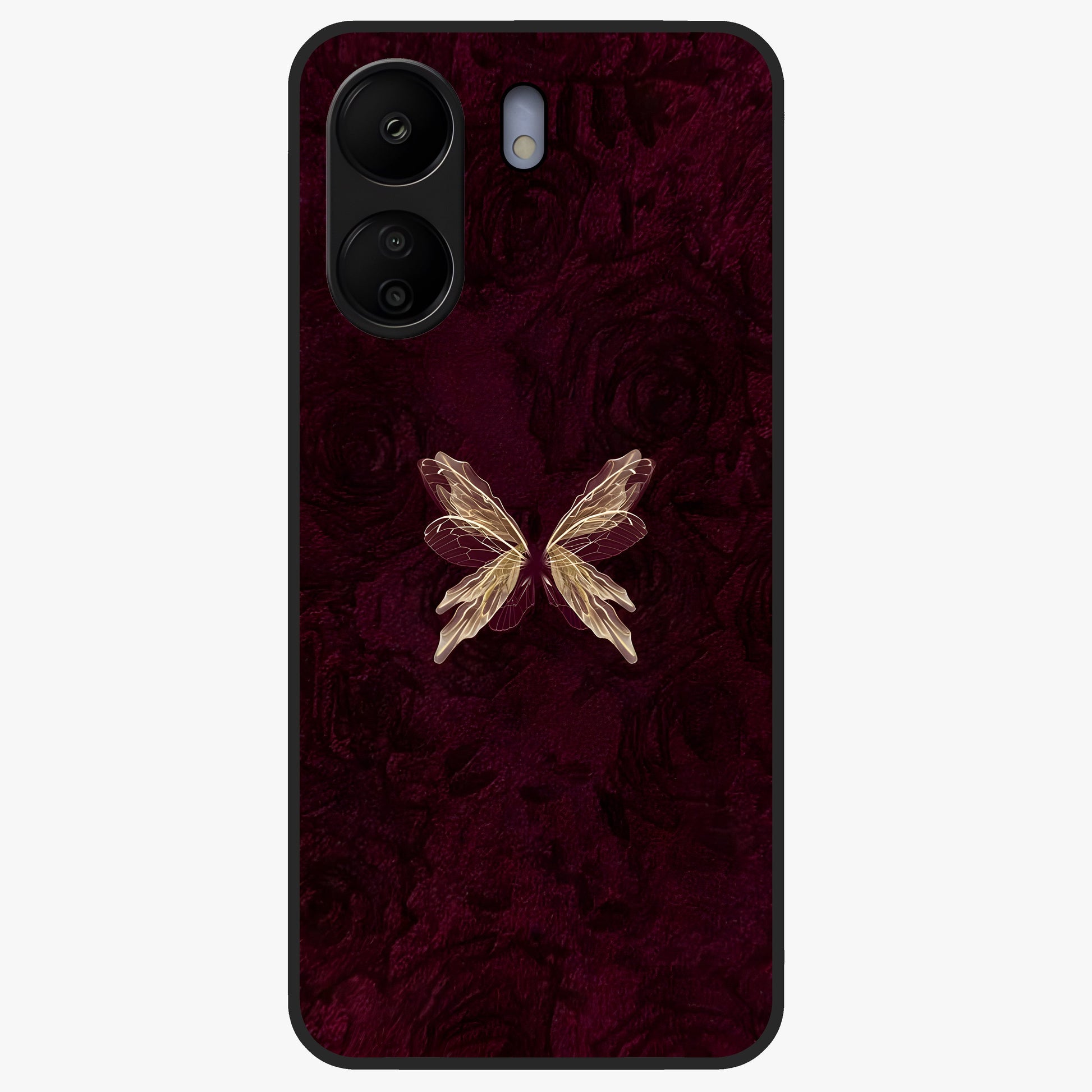 Crimson Fade Butterfly Glass Case showing flat back view with fading butterfly artwork and glossy glass finish.