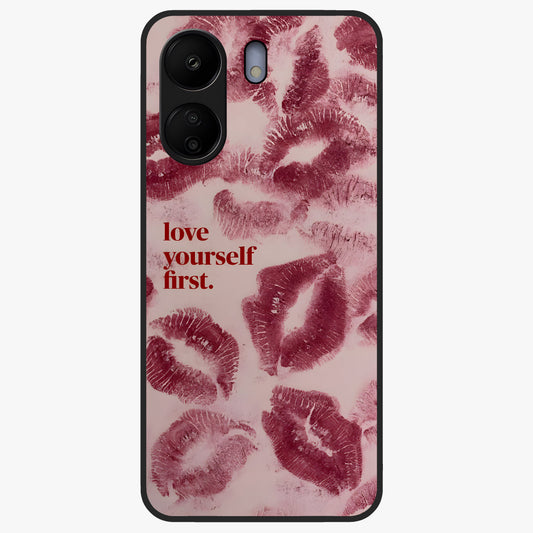 Crimson Kiss Love Glass Case showing flat back view with romantic crimson themed artwork and glossy glass finish.