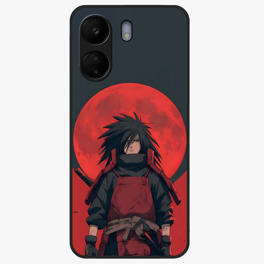 Crimson Moon Warlord Glass Case showing flat back view with mystical moon warrior artwork and glossy glass finish.