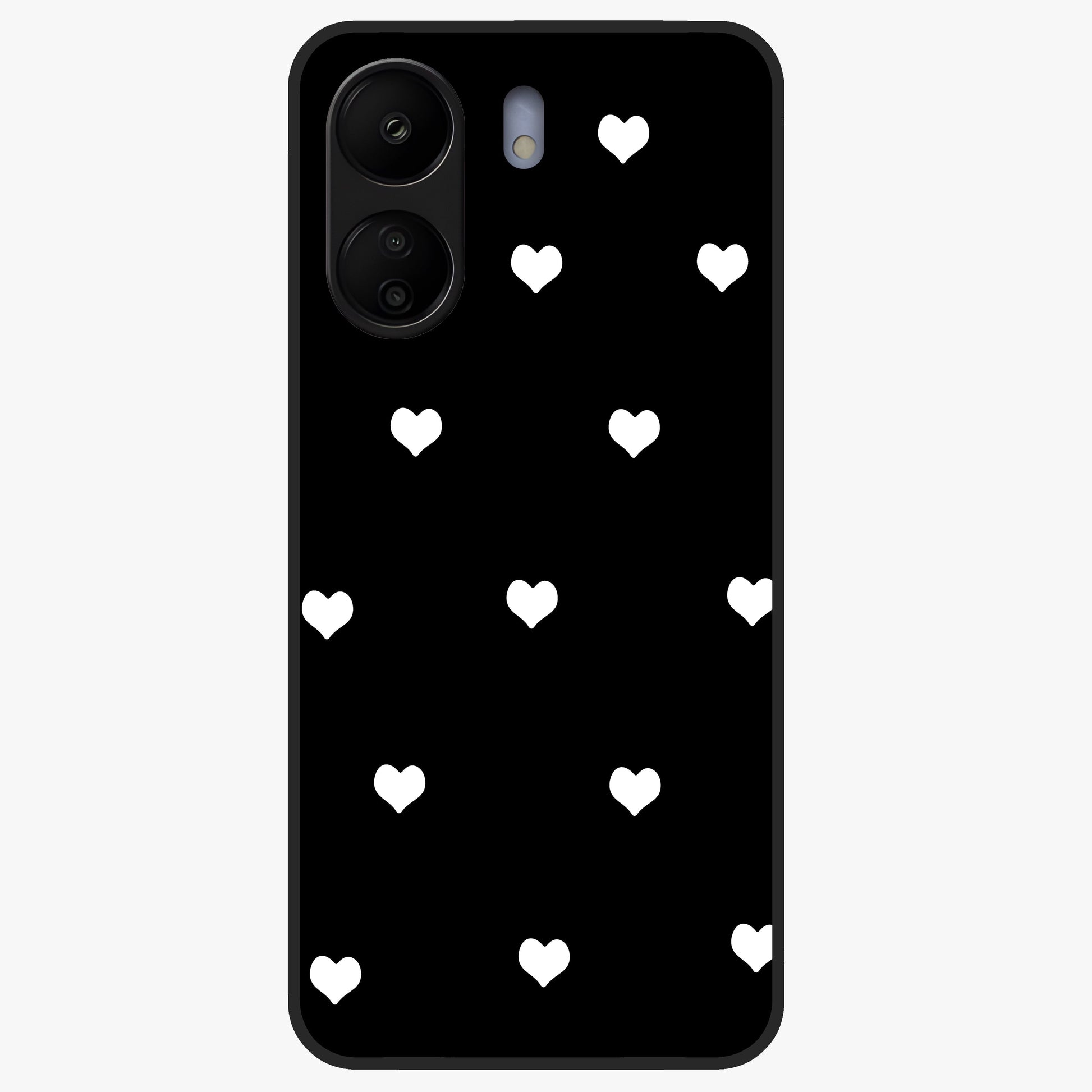 Cute And Simple White Hearts Glass Case showing flat back view with minimal white heart pattern and glossy glass finish.
